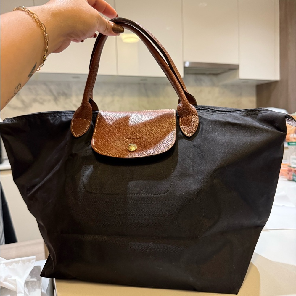 Longchamp Black Tote with Brown Handles